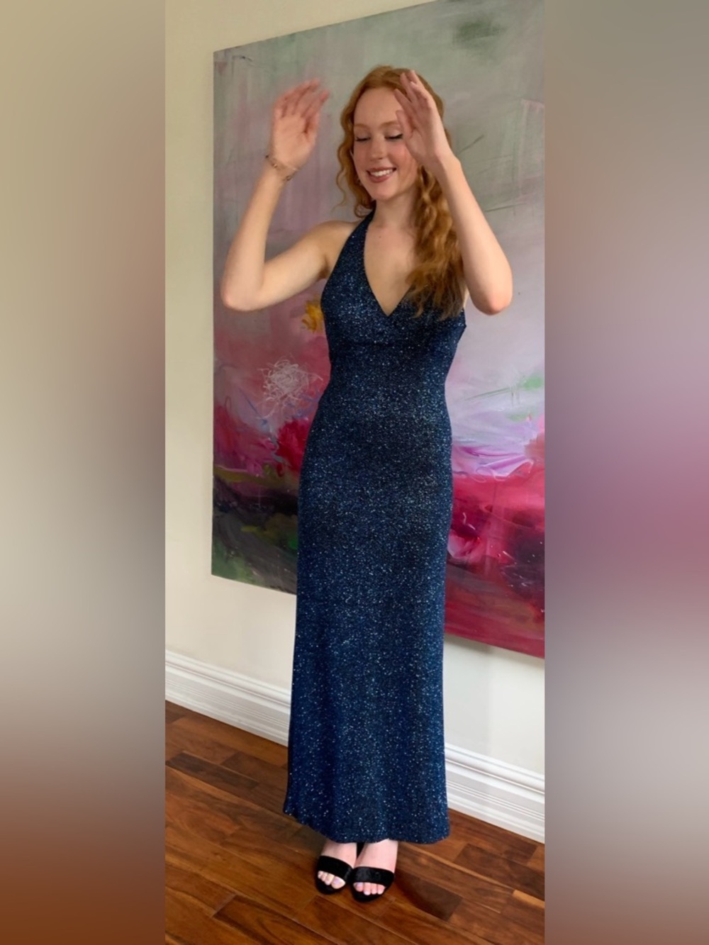 Sparkle Navy Halter Evening Gown